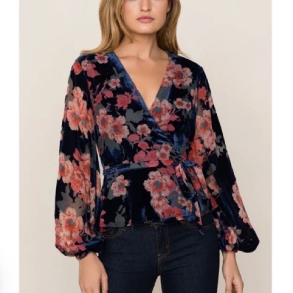 Yumi Kim Windsor park posh life navy blue velvet floral wrap blouse 26451